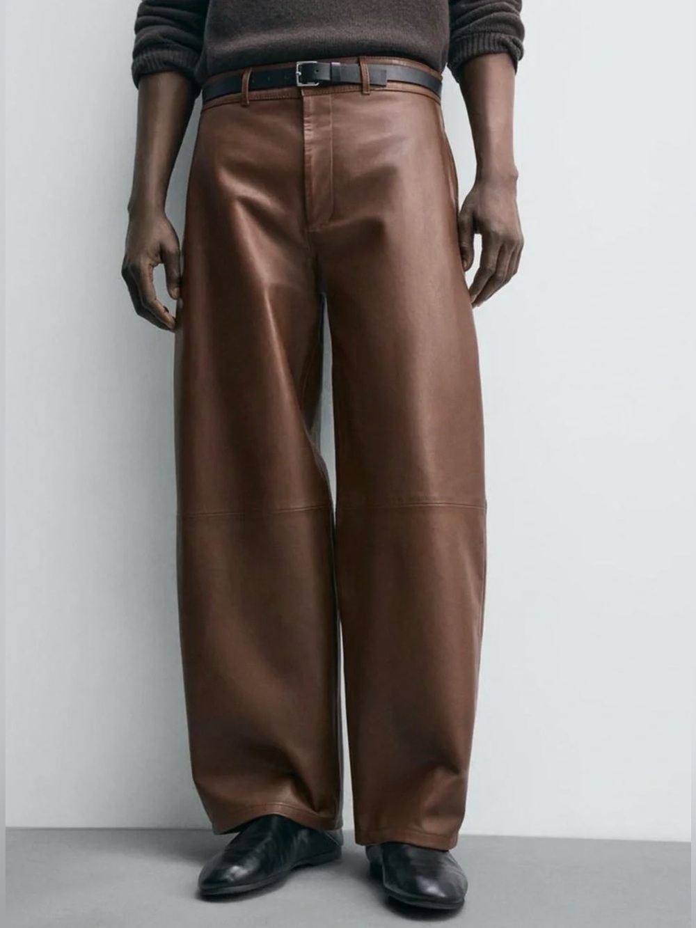 Zara Leather Balloon Fit Trousers Front Pockets Back Patch Pockets Zip Fly Bttn